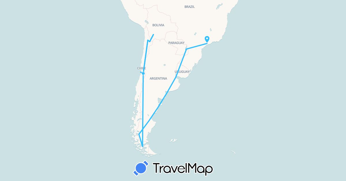 TravelMap itinerary: plane, boat in Argentina, Bolivia, Brazil, Chile (South America)